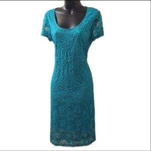 Tiana B. floral lace sheath lined teal dress size 8